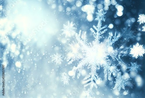 Blurry background of snowflakes with bokeh. Perfect for cards  posters and more. 
