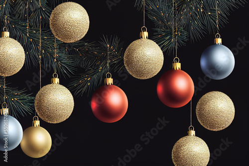 Christmas background, balls red, white, blue hanging near, decorations. New Year celebration. Black background