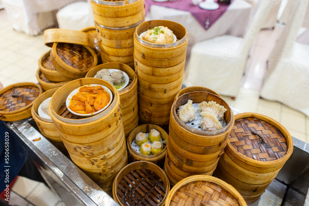 Group dim sum in dim sum basket on the cart Group dim sum in dim sum basket on the cart