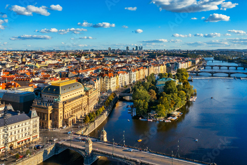 Prague scenic aerial view of the Prague Old Town pier architecture and Charles Bridge over Vltava river in Prague, Czechia. Old Town of Prague, Czech Republic.