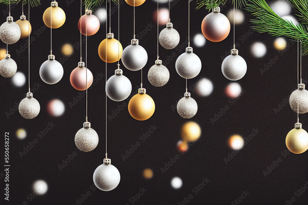 Christmas white, yellow balls. New Year's Eve decorations, white, yellow hanging . Black background
