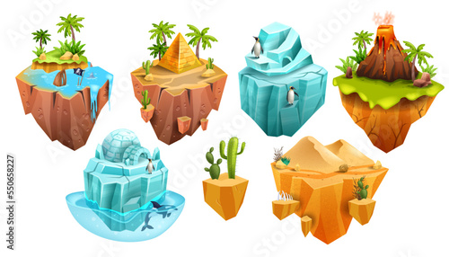 Game island, Egypt desert pyramid, vector isometric 3D floating land, jungle palm, iceberg, volcano. Flying platform concept, summer tropical scene sand dune, penguin. Exotic nature game island kit