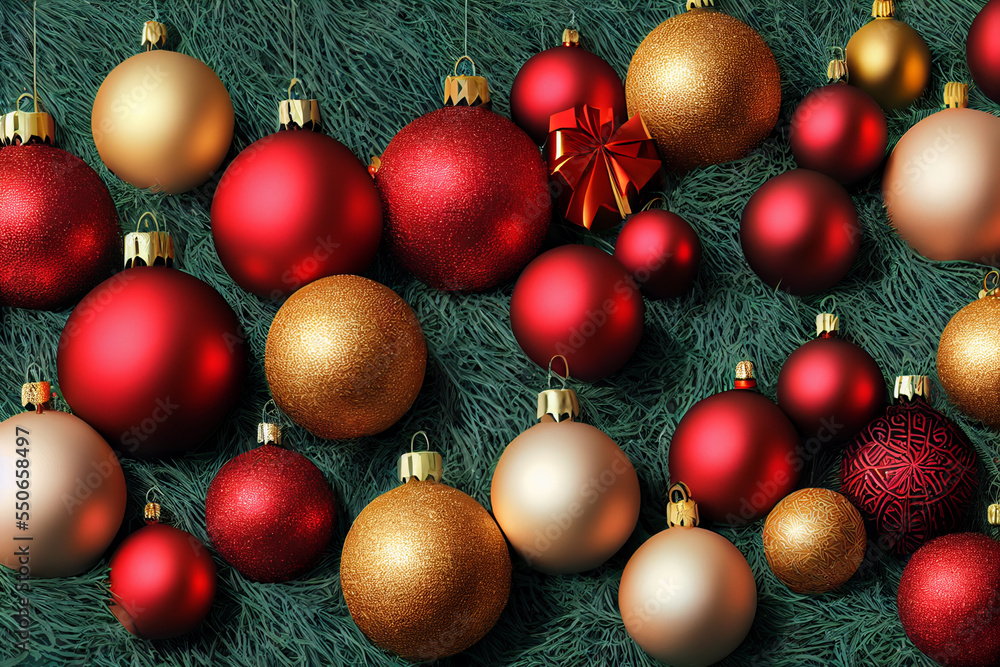 Christmas decorations, red, white, yellow garland lying, new year's celebration, garland. Red background Christmas decorations, red, white, yellow garland lying, new year's celebration, garland. Red background