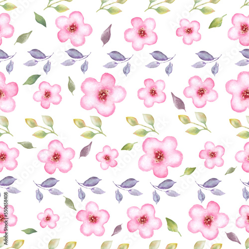 Watercolor seamless pattern with abstract pink flowers, leaves, branches. Hand drawn floral illustration isolated on white background. For packaging, wrapping design or print.