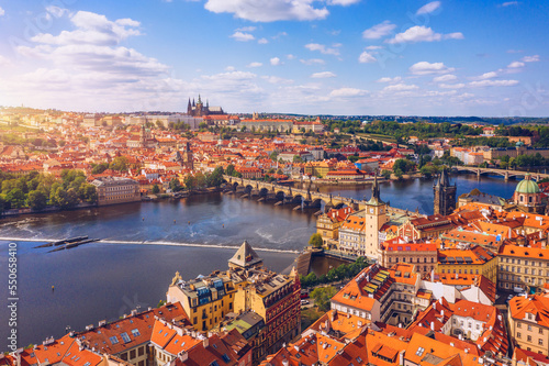 Prague scenic spring aerial view of the Prague Old Town pier architecture Charles Bridge over Vltava river in Prague, Czechia. Old Town of Prague with the Castle in the background, Czech Republic. photo