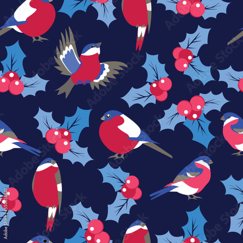 hand-drawn Seamless pattern with bullfinch and holly berry.   Seasonal natural Christmas background. 