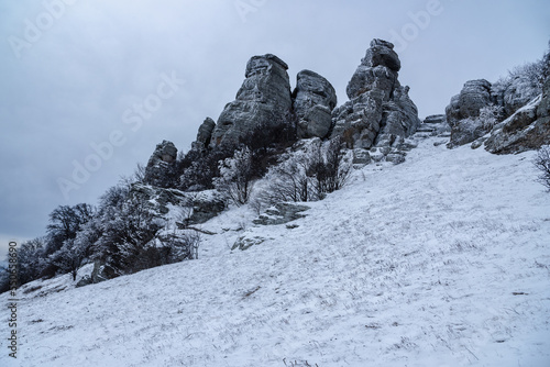 Mount Alenga near Southern Demerdzhi in snow and ice in spring. Crimea