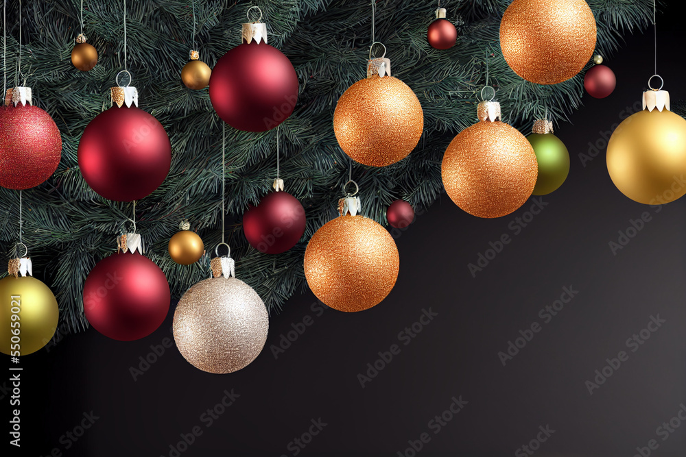 Christmas background, hanging balls of red, white, yellow near the garland, ornaments. Empty space Christmas background, hanging balls of red, white, yellow near the garland, ornaments. Empty space