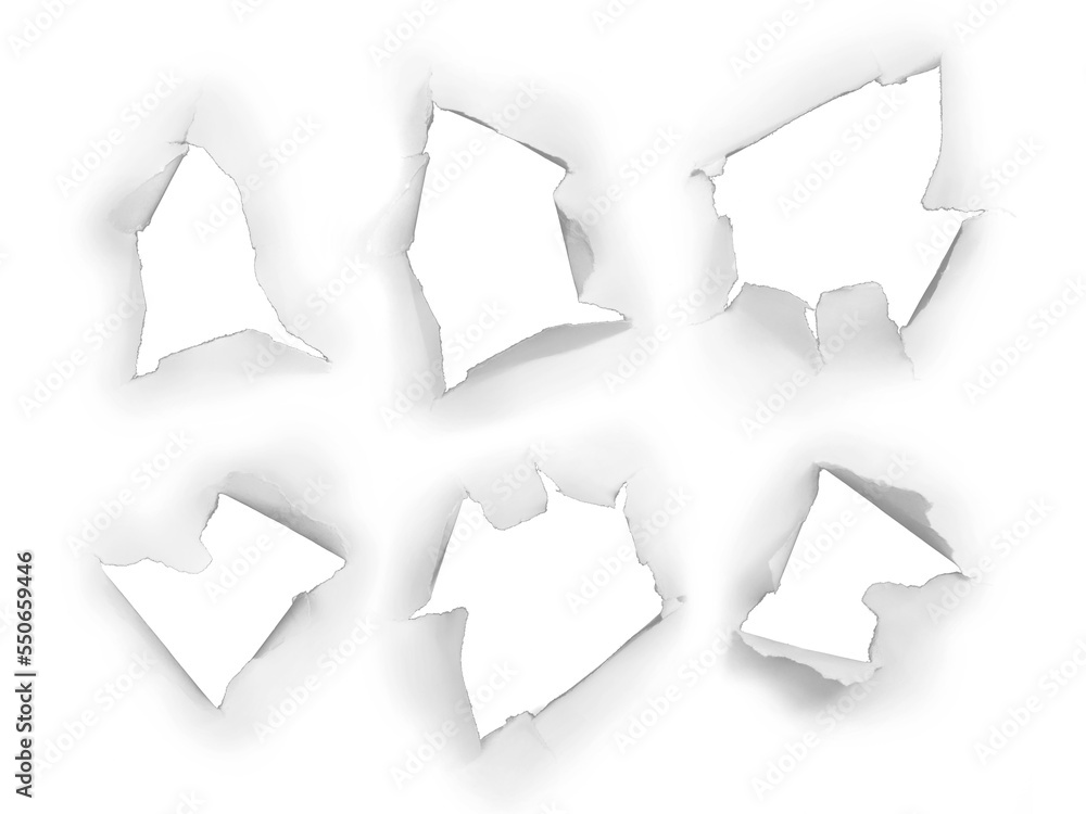 Transparent holes in the white paper sheet set. Png with transparency