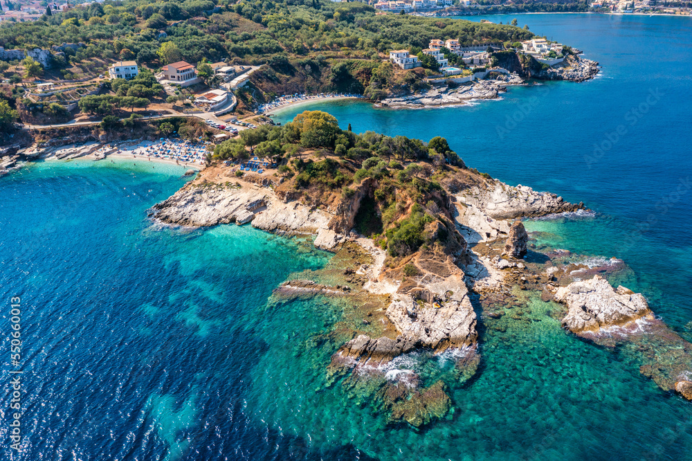 Aerial drone view north east coast with Kanoni, Mpataria and Pipitos beach, Island of Corfu, Greece. Mpataria, Kanoni and Pipitos beach at Corfu Greece during the day.