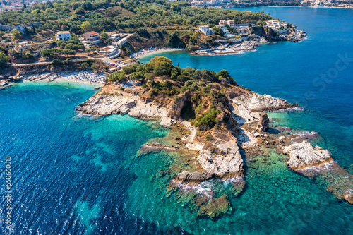 Aerial drone view north east coast with Kanoni, Mpataria and Pipitos beach, Island of Corfu, Greece. Mpataria, Kanoni and Pipitos beach at Corfu Greece during the day. © daliu