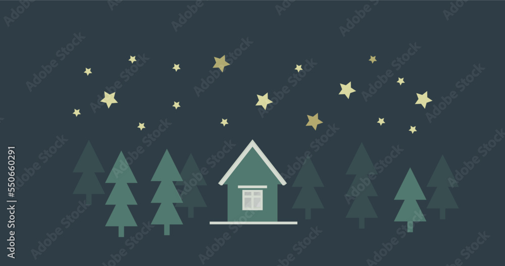 Night landscape with house and forest background. Clear dark sky and bright golden stars. Vector illustration. Design elements for poster, book cover, brochure, magazine, flyer, booklet.
