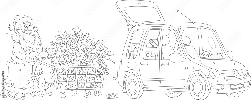 Happy Santa Claus walking to his small car with a shopping cart full of foods, drinks and gifts for merry winter holidays, black and white outline vector cartoon illustration