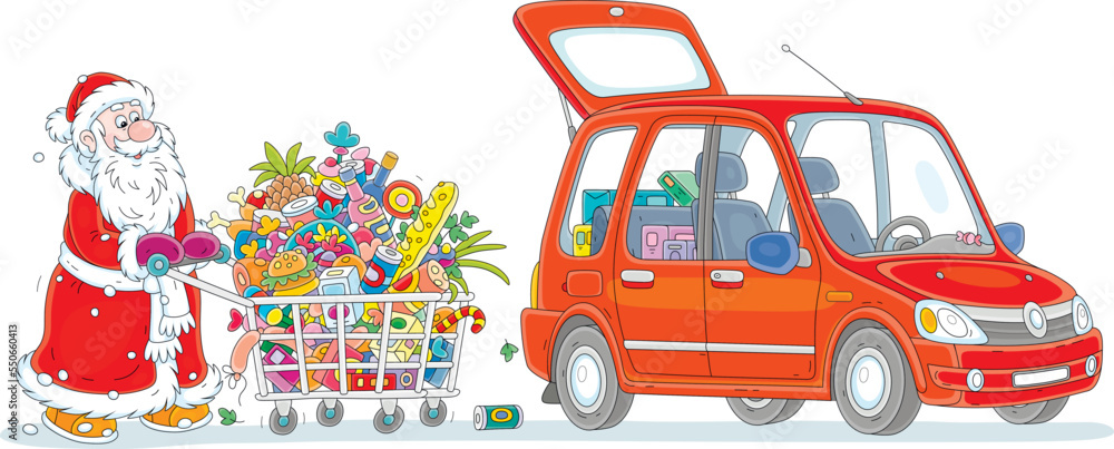 Naklejka premium Happy Santa Claus walking to his small red car with a shopping cart full of foods, drinks and gifts for merry winter holidays, vector cartoon illustration isolated on a white background