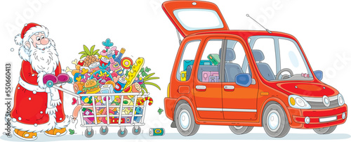 Happy Santa Claus walking to his small red car with a shopping cart full of foods, drinks and gifts for merry winter holidays, vector cartoon illustration isolated on a white background