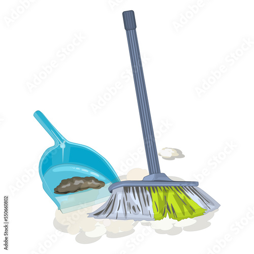 Broom and dustpan isolated on white background. Housework tools for cleaning garbage in house. Panicle with cleaning scoop for dust and waste swept from floor. Cleaning service. Vector illustration