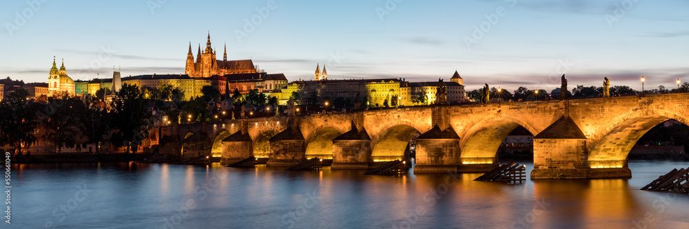 Fototapeta premium Charles Bridge in Prague in Czechia. Prague, Czech Republic. Charles Bridge (Karluv Most) and Old Town Tower. Vltava River and Charles Bridge. Concept of world travel, sightseeing and tourism.