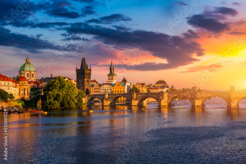 Old town of Prague. Czech Republic over river Vltava with Charles Bridge on skyline. Prague panorama landscape view with red roofs.  Prague view from Petrin Hill, Prague, Czechia. © daliu