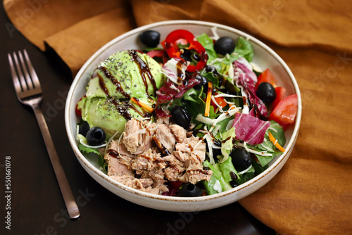 Healthy salad with tuna and avocado. Diet food. Keto diet.