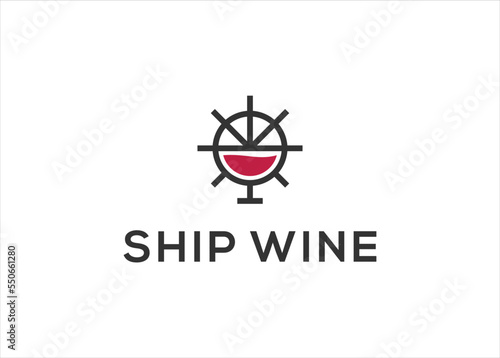 ship steering wheel and wine logo design vector template