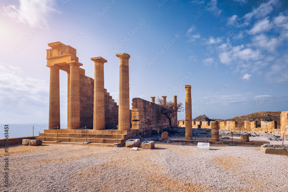 Ruins of Acropolis of Lindos view, Rhodes, Dodecanese Islands, Greek Islands, Greece. Acropolis of Lindos, ancient architecture of Rhodes, Greece.