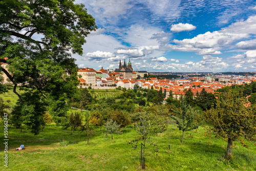Prague Castle and Lesser Town panorama. View from Petrin Hill. Prague, Czech Republic. View of Prague Castle from Strahov monastery. Prague, Czech Republic