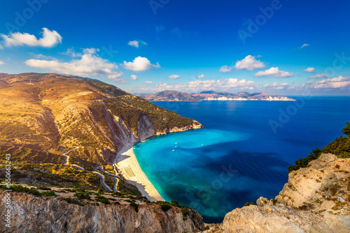 Fototapeta Naklejka Na Ścianę i Meble -  Famous Myrtos beach from overlook, Kefalonia (Cephalonia), Greece. Myrtos beach, Kefalonia island, Greece. Beautiful view of Myrtos beach, Ionian Island, Kefalonia (Cephalonia), Greece.