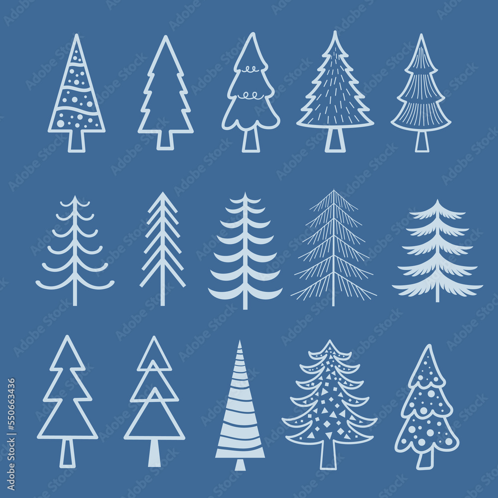 Set of christmas trees. Pine tree icons. Organic line art.