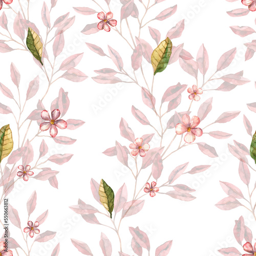 Seamless pattern with watercolor cherry flowers and leaves. Hand drawn illustration is isolated on white. Floral ornament is perfect for fabric textile, wallpaper print, background