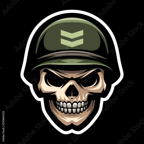 American soldier, skull warrior logo. Sport mascot label. T shirt print.