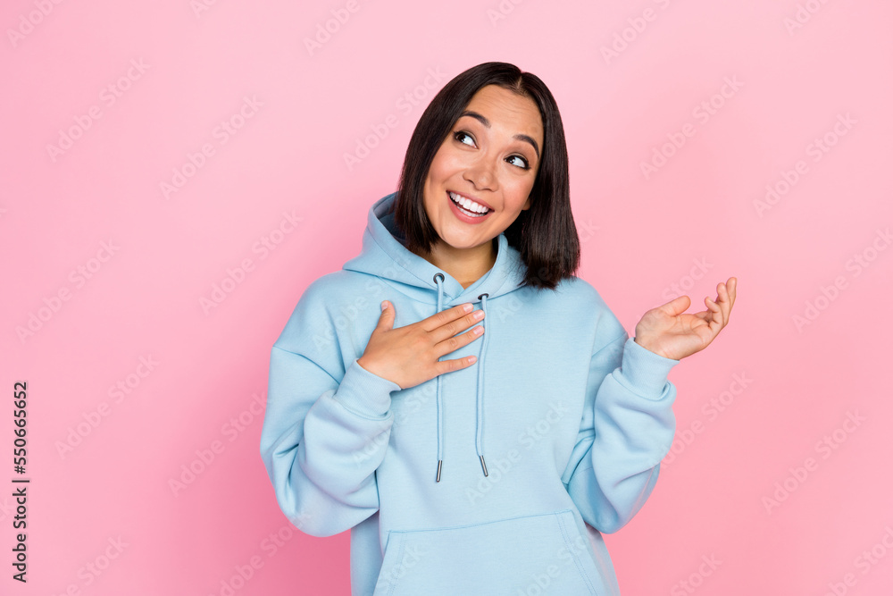 Photo portrait of stunning young girl point self talking look empty space wear trendy blue clothes isolated on pink color background Photo portrait of stunning young girl point self talking look empty space wear trendy blue clothes isolated on pink color background