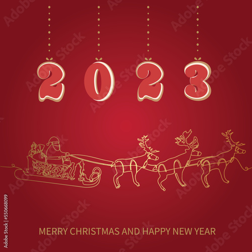 Reindeer sleigh  Santa Claus sleigh drawn in one line. Number 2023 in the form of gingerbread. Christmas card.