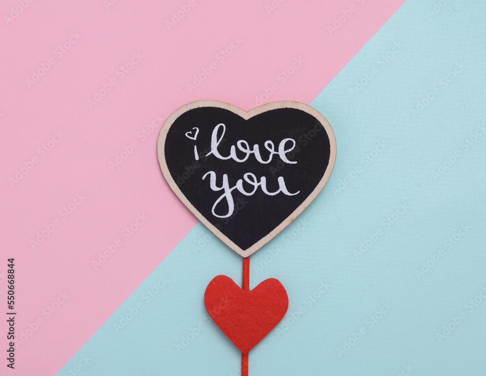 Stick with the word I love you and hearts on a blue pink background. Valentine's Day