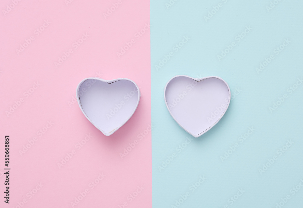 Blank open heart shaped box mockup on pink blue background