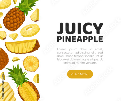 Juicy pineapple web banner. Fresh and healthy product poster, card, banner, packaging design vector
