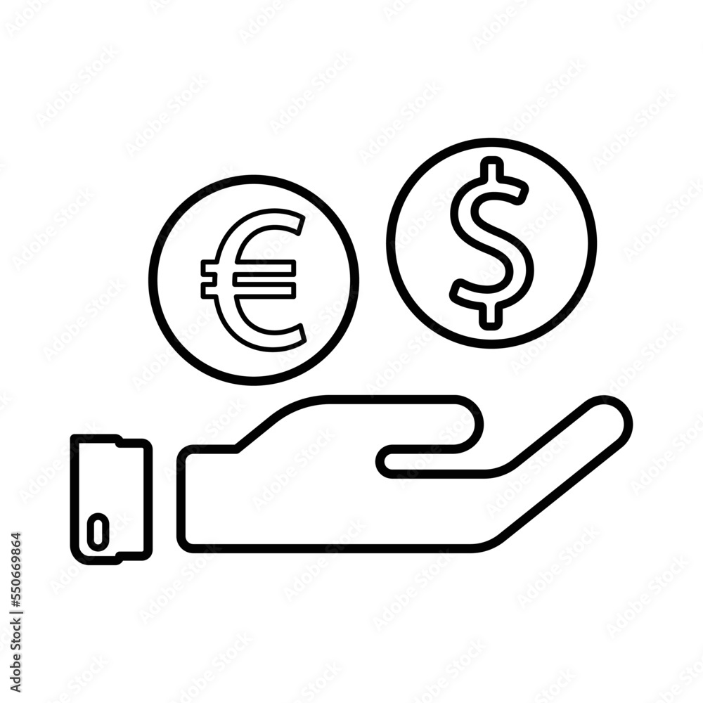 Hand With Dollar And Euro Icon In Line Style Hand With Dollar And Euro Icon In Line Style
