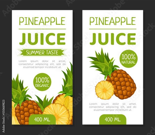 Pineapple juice package templates set. Fresh, healthy, vegetarian product label design vector