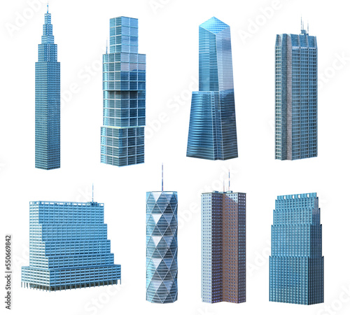 Skyscrapers, business towers, office, residential and commercial tall buildings set. Modern eco cityscape 3D render design elements. Future smart city megapolis town skyscraper icons isolated on white photo
