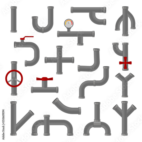 Set of pipelines. Gray Water pipeline elements with valves, joints and connections vector