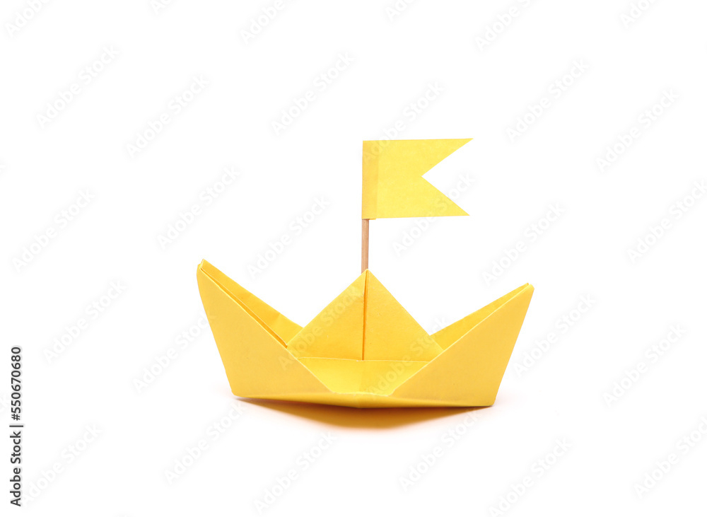 Yellow Paper boat with a flag on white background. Leadership concept Yellow Paper boat with a flag on white background. Leadership concept