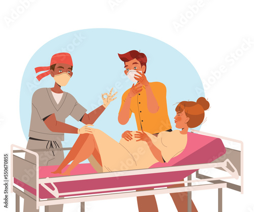Preparation for Childbirth with Pregnant Woman and Her Husband at Hospital Bed with Doctor Delivering Baby Vector Illustration