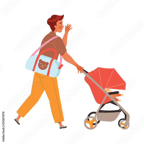 Young Happy Man Dad Walking with Baby Carriage and Bag Vector Illustration