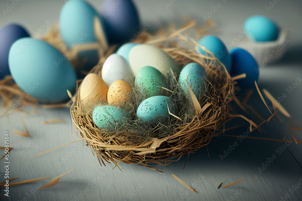 Obraz premium Decorations for Easter. Easter eggs, feathers in a nest on a blue wooden background. Abstract illustration for design, background, template, banner