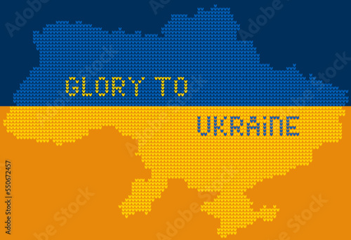 Ukrainian geographical map and knitting textured slogan Glory to Ukraine