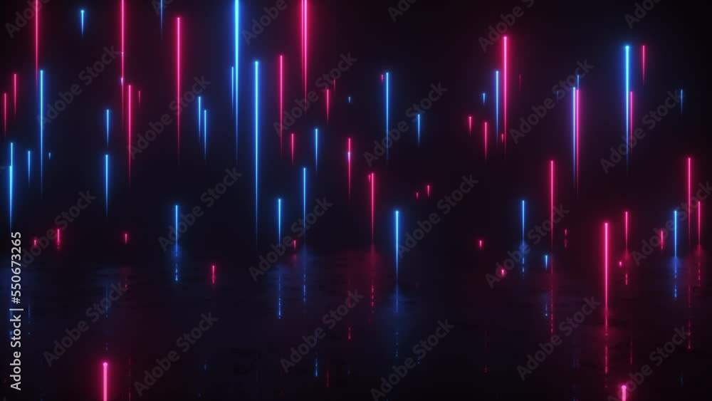 Rising up neon glowing strings above on reflected floor background on a seamless loop Rising up neon glowing strings above on reflected floor background on a seamless loop