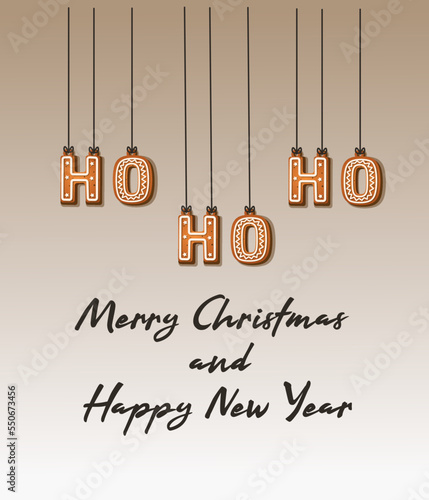 Merry Christmas and Happy New Year greetings from delicious gingerbread in the form of different Christmas Santa Ho-ho-ho. Vector flat illustration isolated on white 