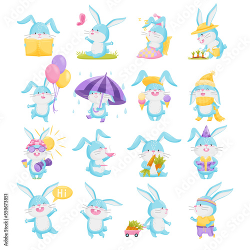 Cute little bunny characters set. Funny cheerful little animal walking with umbrella, eating ice cream, celebrating birthday cartoon vector