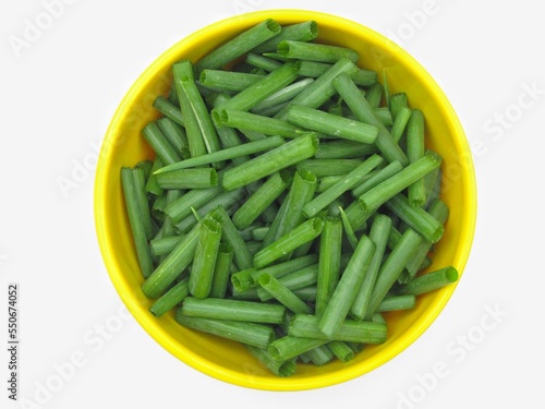 Onion leaves slices in a bowl 