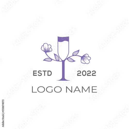 Logotype Flower with a wine glass.  Food and drink  business logo icon with white background