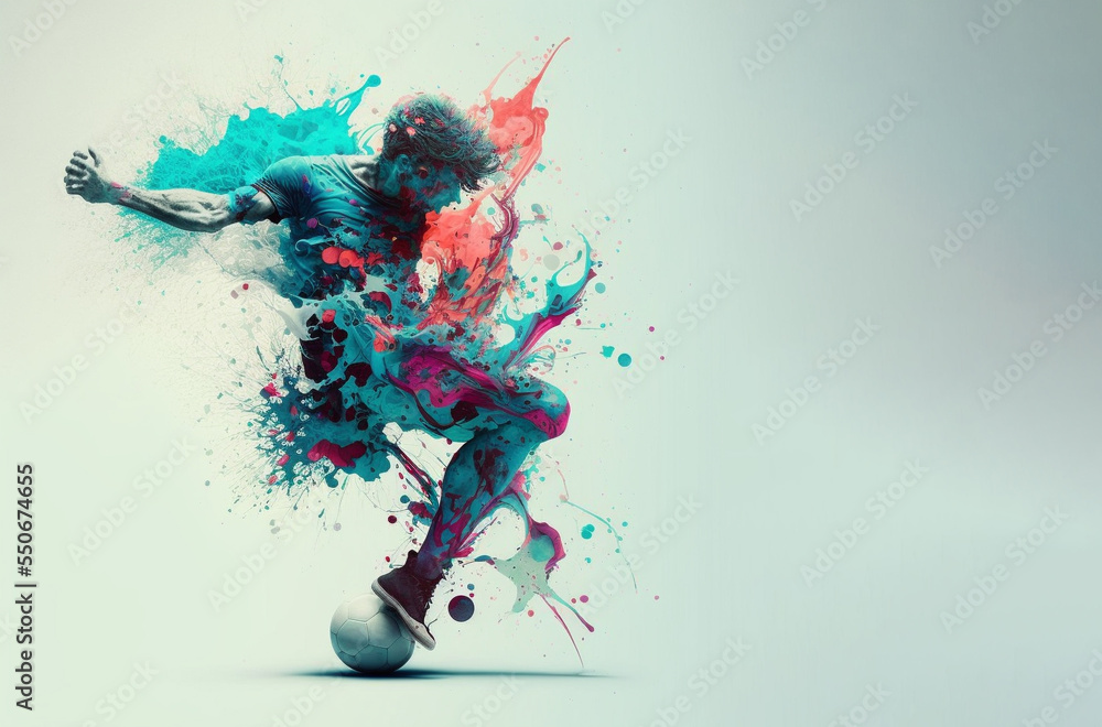Soccer player with a graphic trail and color splash background.